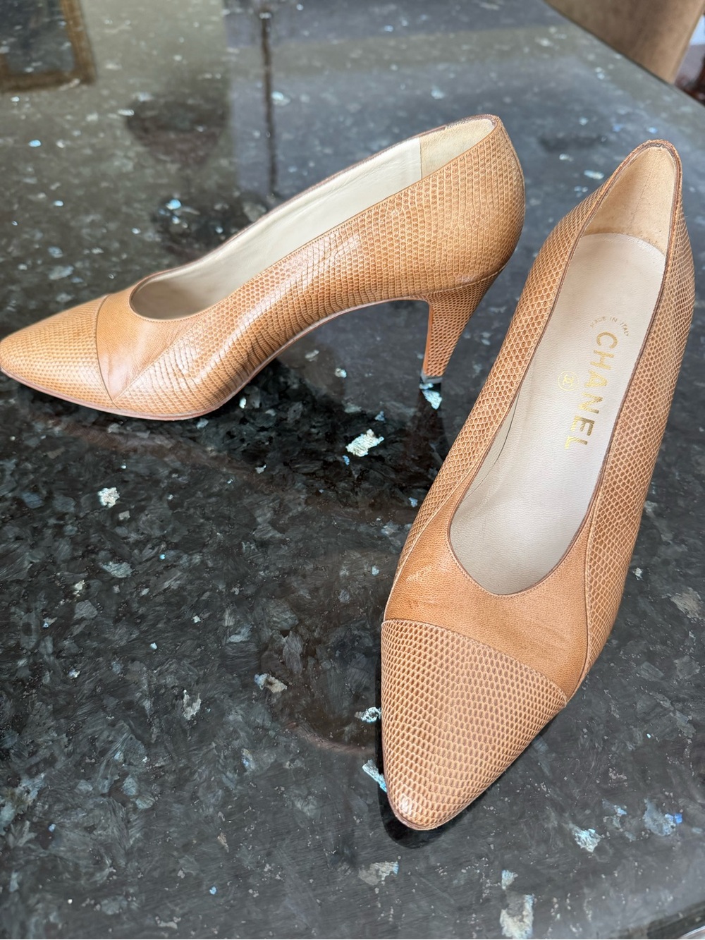 CHANEL Tan Leather Pointed Pumps with Textured Cap Toe - Picture 2 of 4